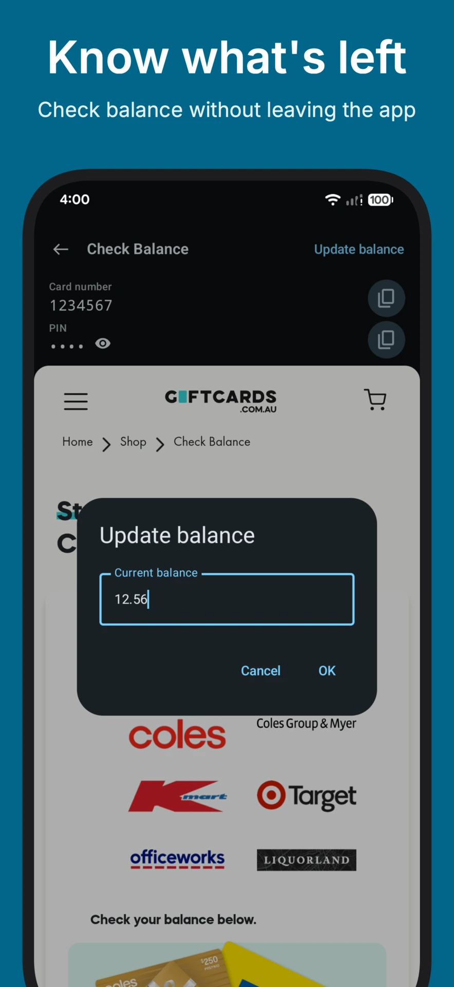 Check gift card balance inside CardWarden