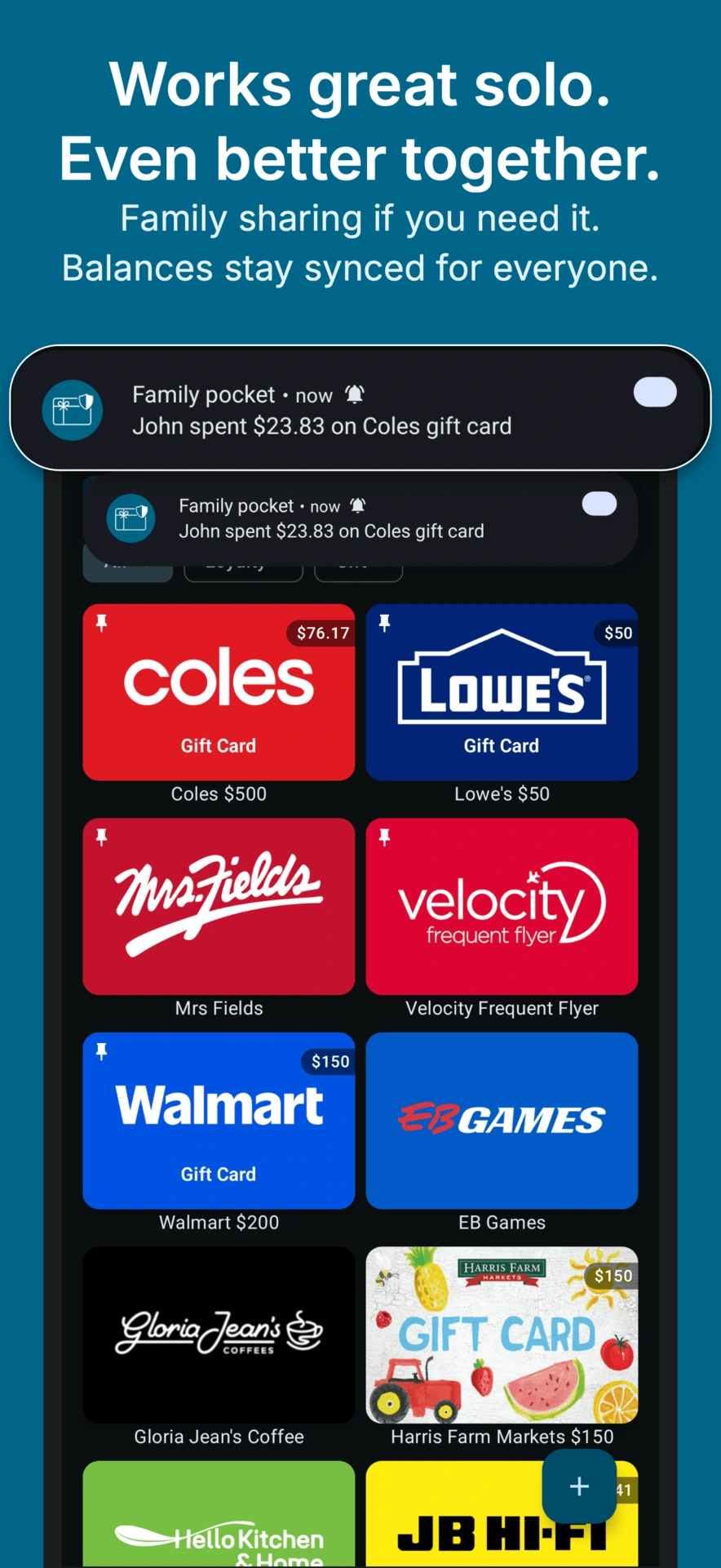 Family sharing with live synced gift card balances