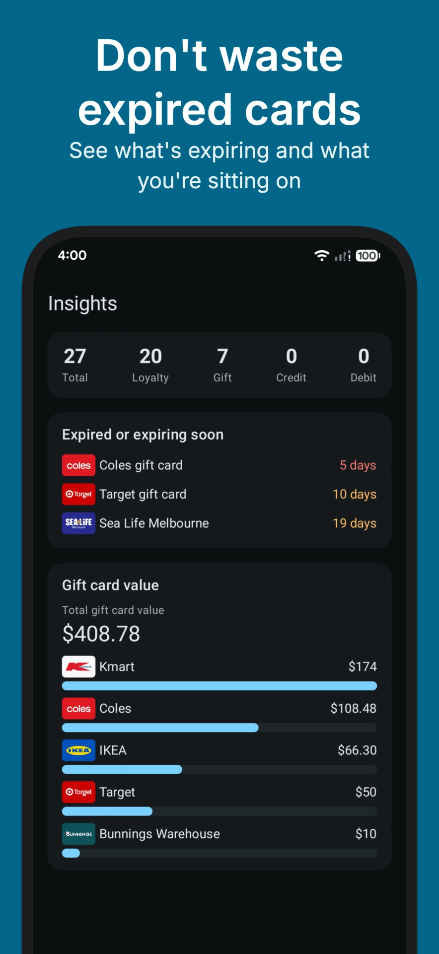 Gift card expiry reminders and collection insights