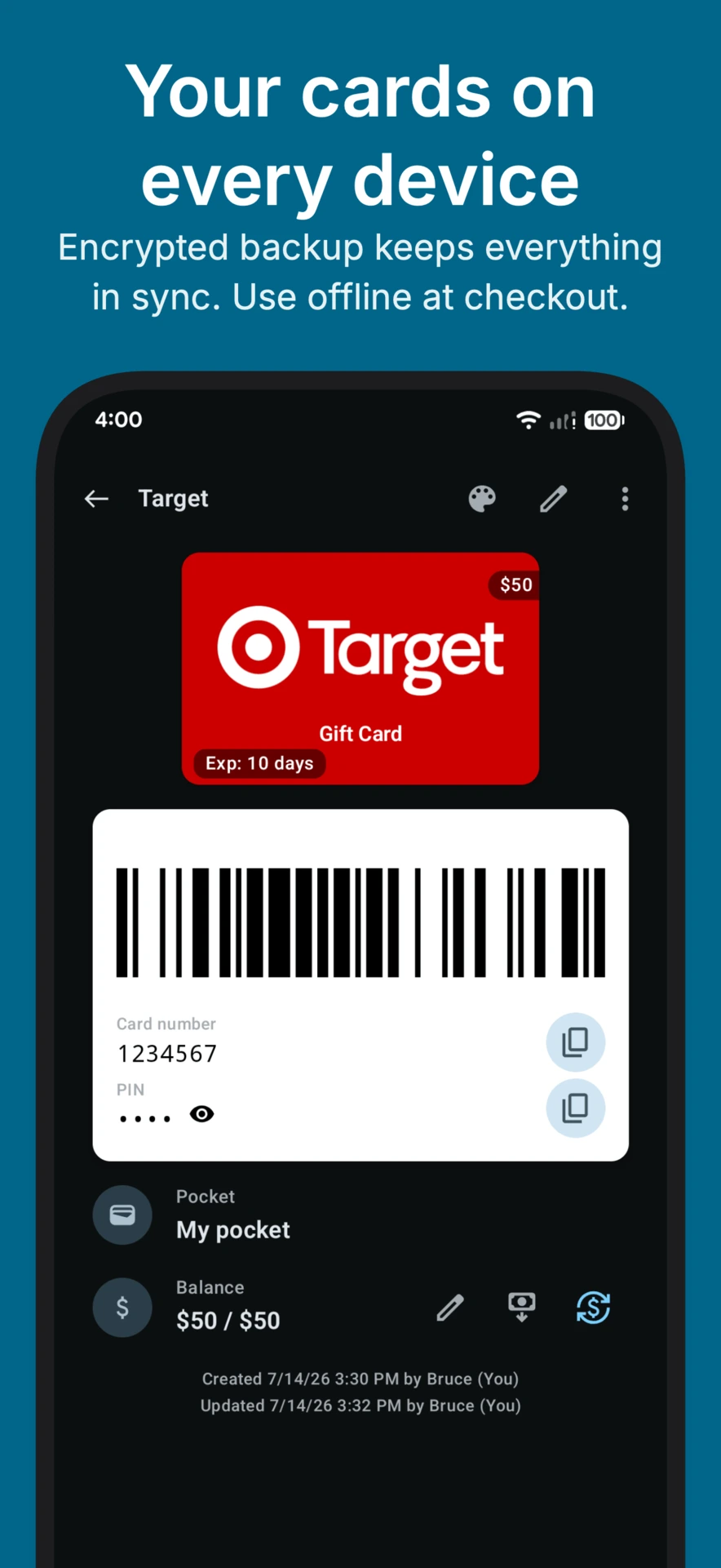 Offline loyalty and gift card barcodes at checkout