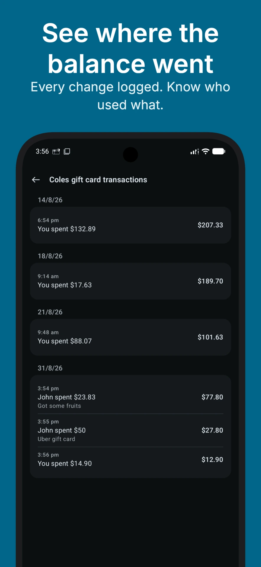 Gift card transaction history and balance changes